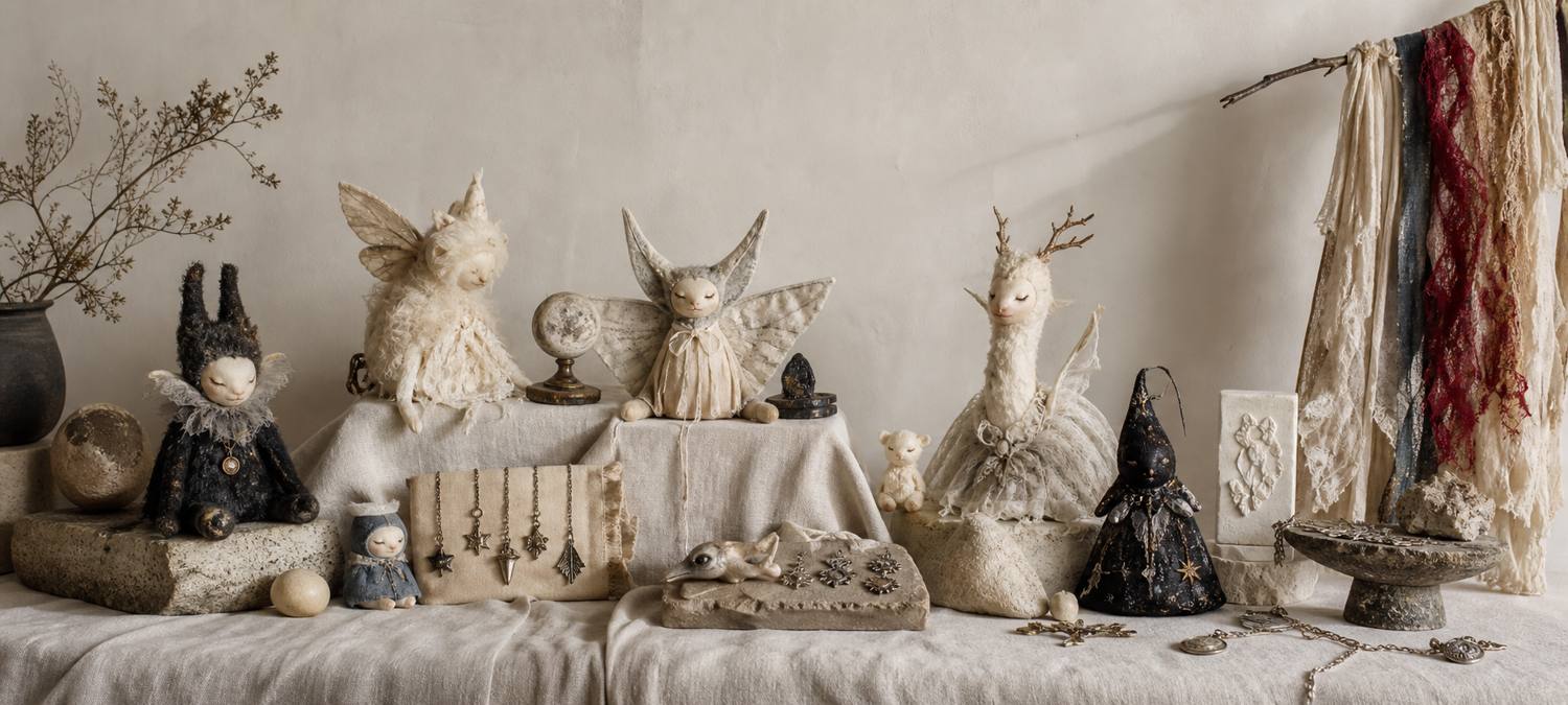 Studio arrangement of handmade artist objects and textile works.