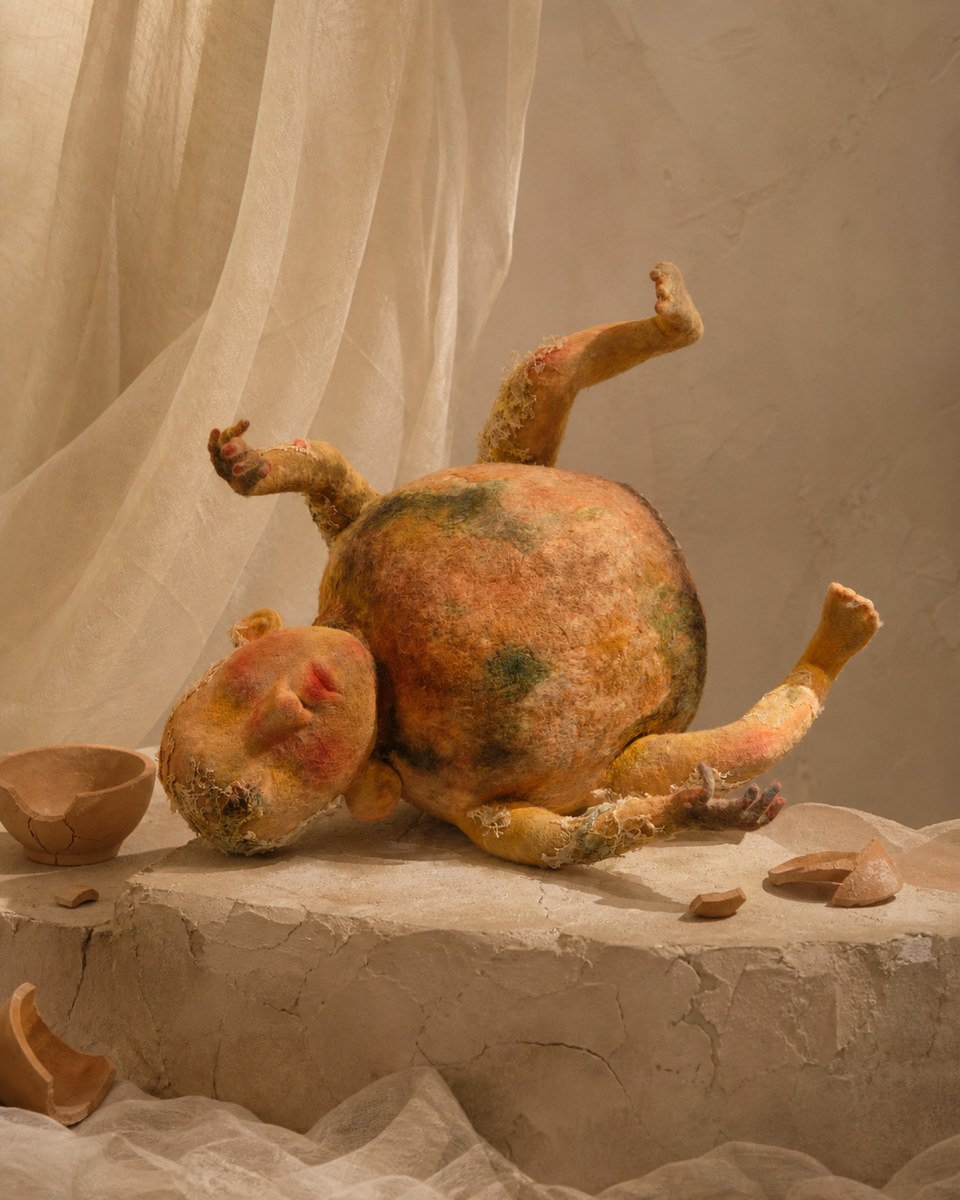 Broken Jar - The Creature That Gave Up, a one-of-a-kind wool soft sculpture with a rounded jar-like body, limbs, head, and broken vessel fragments.