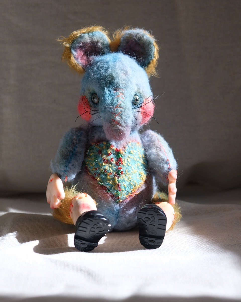 Dream Thief, a made-to-order handmade blue wool art doll mouse with embroidered details and black shoes.