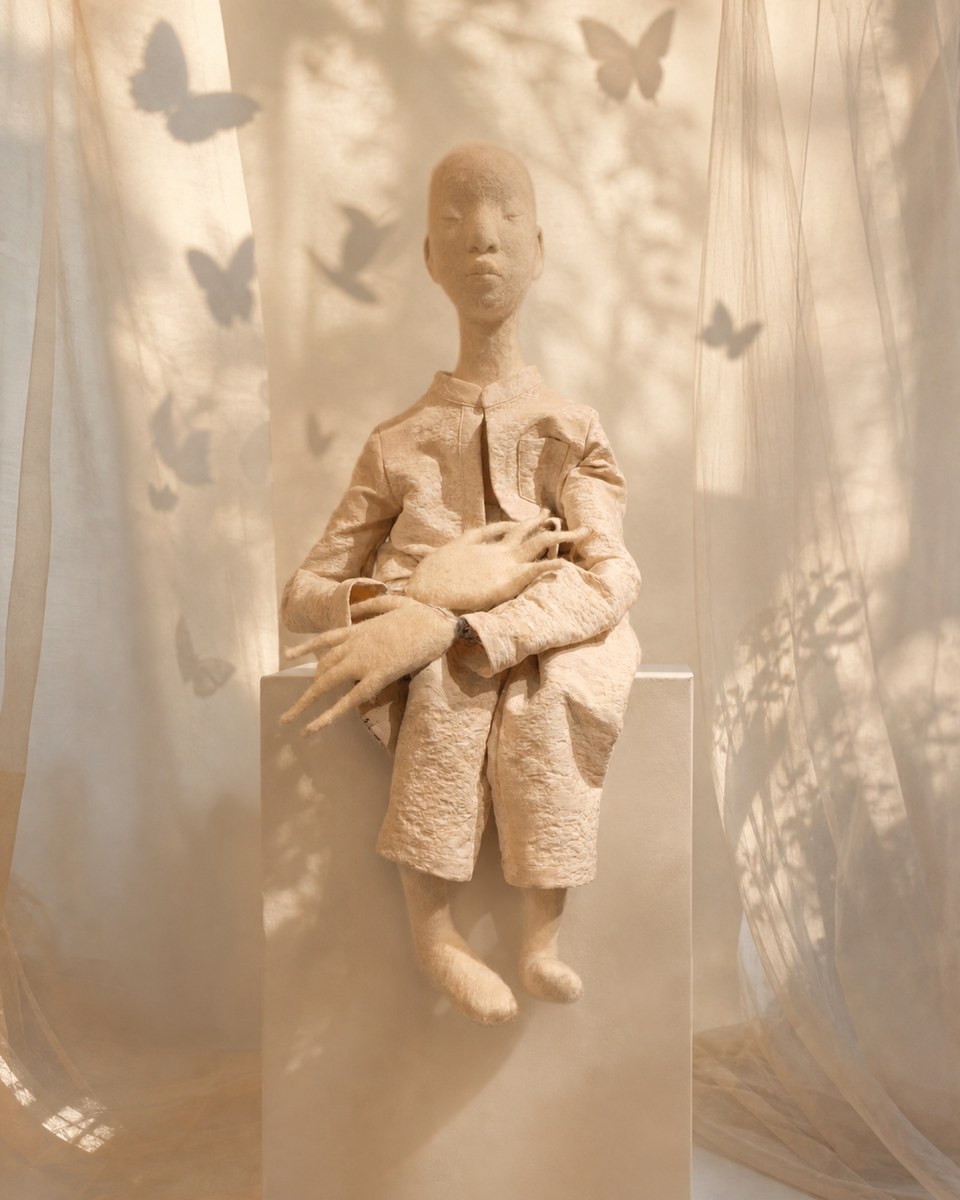 Zhuang Sheng - The Butterfly Dreamer, a large one-of-a-kind wool marionette soft sculpture with closed eyes, long hands, and butterfly shadows.