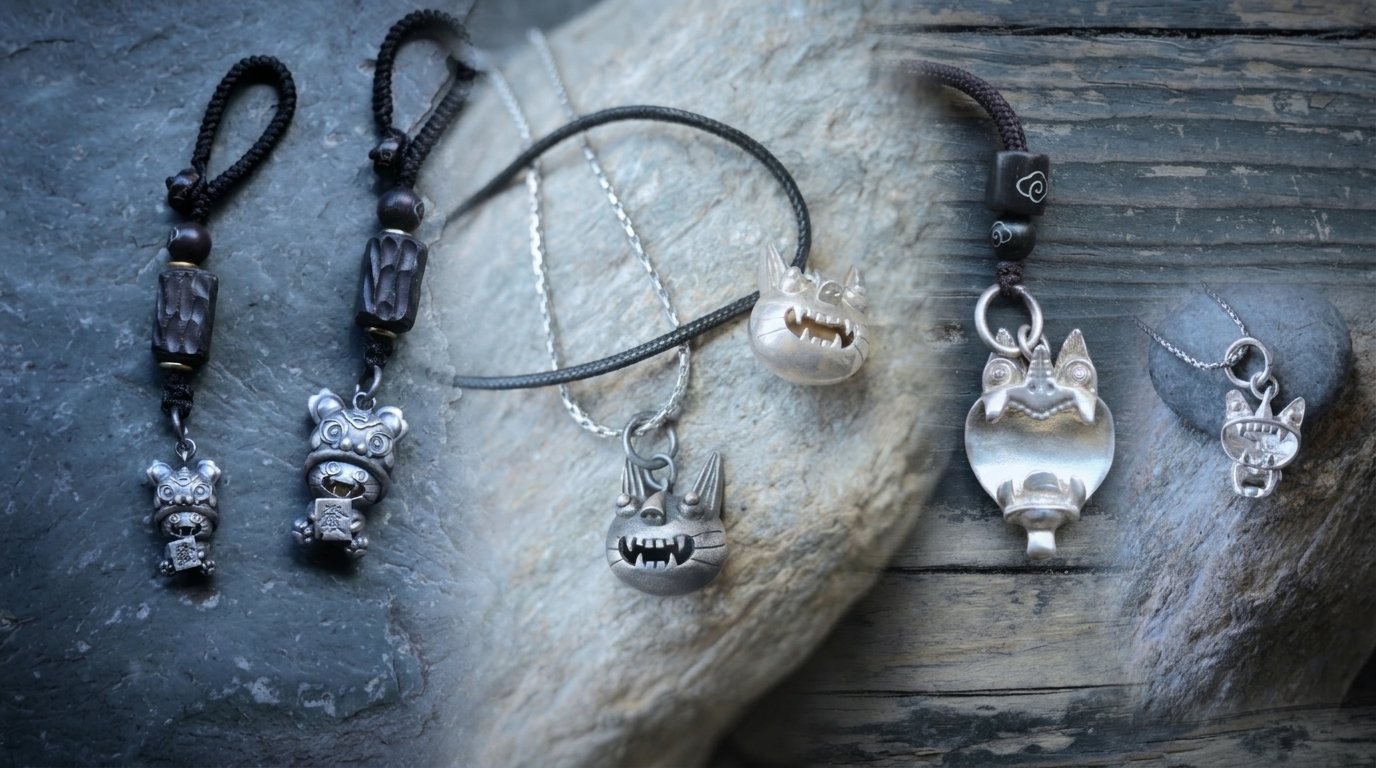 WowCat silver jewelry, necklaces, and pendants inspired by Yunnan Wamao tile cat guardians arranged on stone and weathered wood.