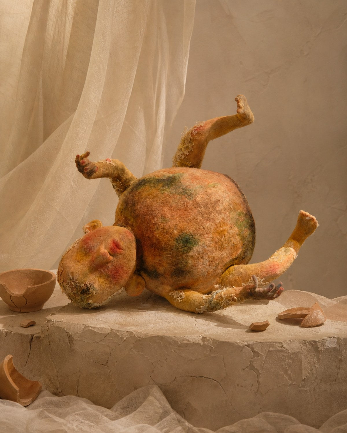 Full view of Broken Jar, a wool soft sculpture lying on a plinth with a rounded jar-like body, limbs, head, and broken ceramic fragments.