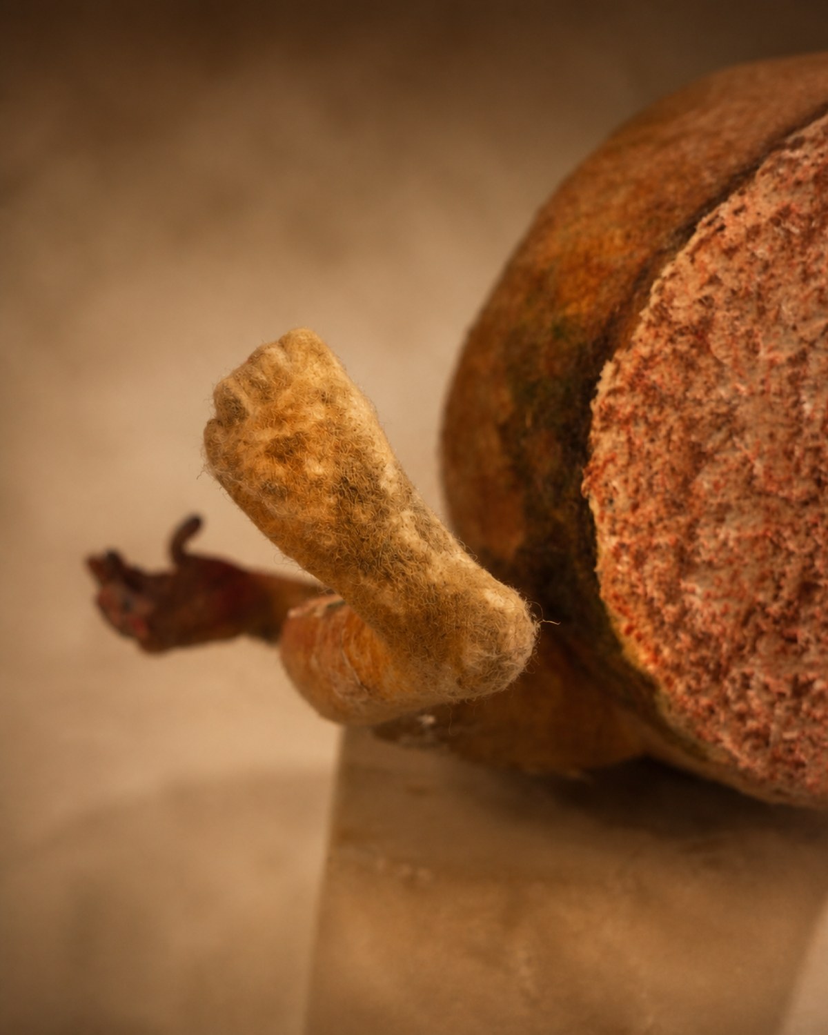 Limb detail of Broken Jar showing torn textile accents, wool fiber texture, and weathered surface color.
