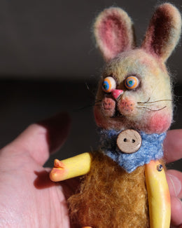 Head detail of Tick Tock showing colorful eyes, pink nose, wool ears, and blue collar.