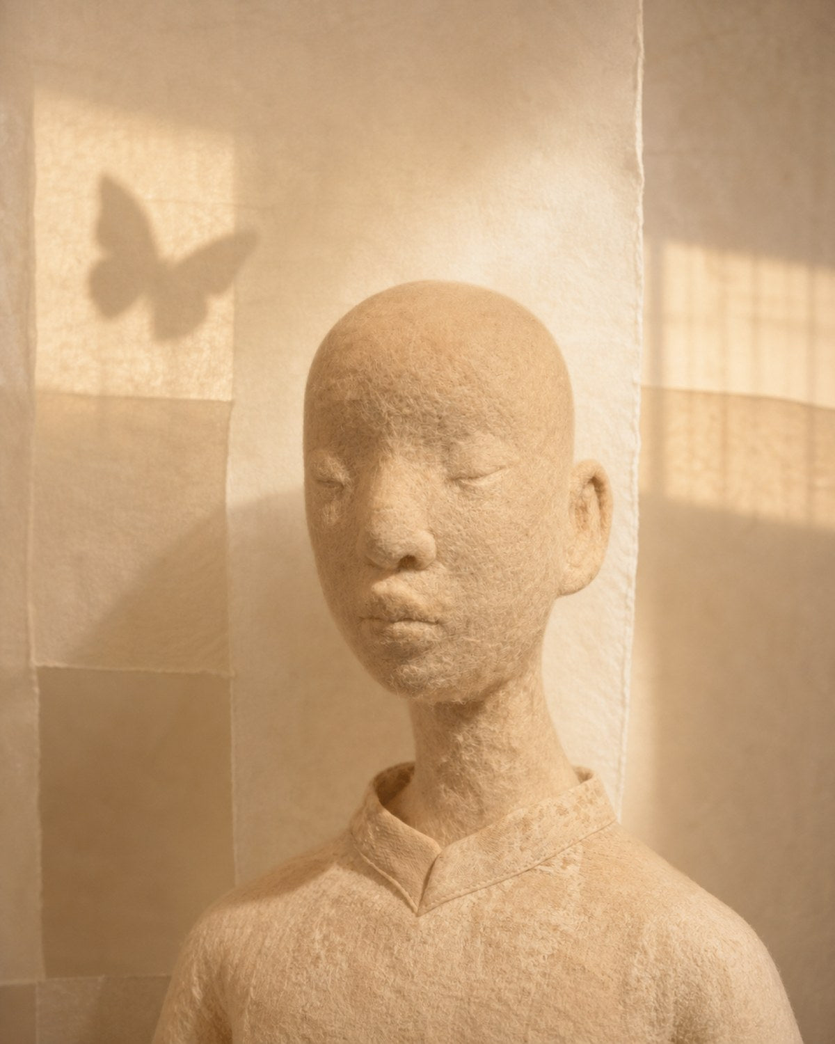 Front portrait of Zhuang Sheng showing the quiet wool face, long neck, textile collar, and warm studio light.