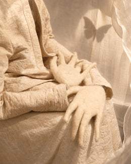 Hand detail of Zhuang Sheng showing long wool fingers, textile folds, and the delicate marionette-like posture.